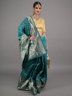 Rajwada Teal Woven Silk Blend Saree with Unstitched Blouse for Women