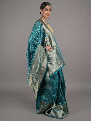 Rajwada Teal Woven Silk Blend Saree with Unstitched Blouse for Women