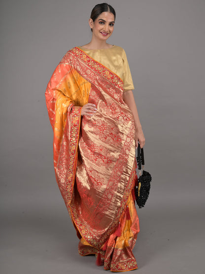 Rajwada Yellow and Red Embroidered Silk Blend Saree with Unstitched Blouse for Women