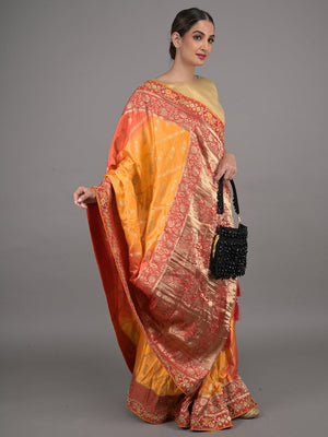 Rajwada Yellow and Red Embroidered Silk Blend Saree with Unstitched Blouse for Women