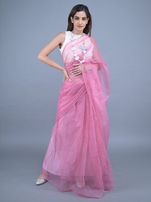Rajwada Pink Embellished Net Saree with Unstitched Blouse for Women