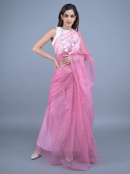 Rajwada Pink Embellished Net Saree with Unstitched Blouse for Women