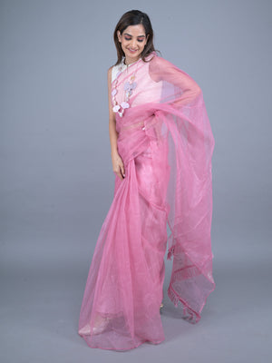 Rajwada Pink Embellished Net Saree with Unstitched Blouse for Women
