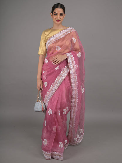 Rajwada Mauve Embroidered Organza Saree with Unstitched Blouse For Women