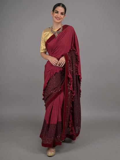 Rajwada Maroon Polyester Embellished Saree With Unstitched Blouse For Women