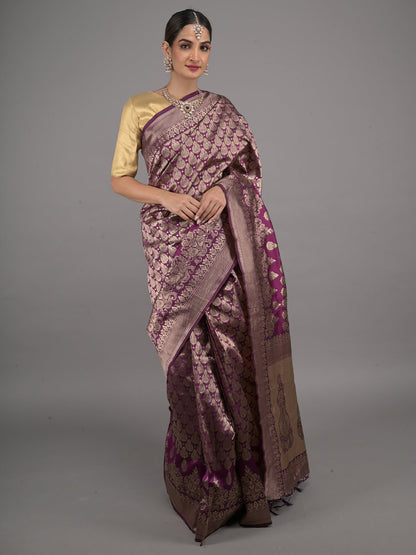 Rajwada Dark Purple Woven Silk Blend Saree with Unstitched Blouse for Women