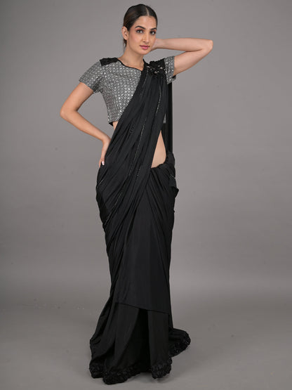 Rajwada Black Embroidered Ready-To-Wear Polyester Saree With Stitched Blouse For Women