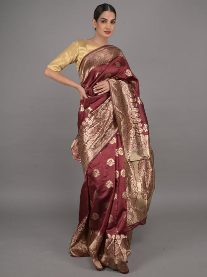 Rajwada Maroon Woven Banarasi Silk Saree With Unstitched Blouse For Women