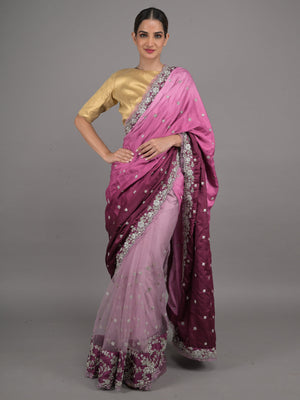 Rajwada Purple Embroidered Satin Saree with Unstitched Blouse for Women