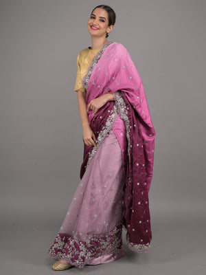 Rajwada Purple Embroidered Satin Saree with Unstitched Blouse for Women