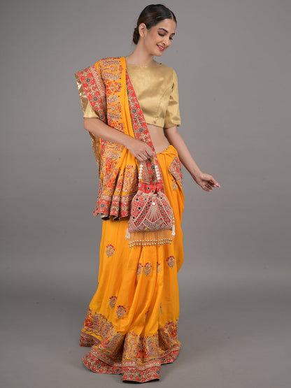 Rajwada Yellow and Red Peacock Embroidered Silk Blend Saree with Unstitched Blouse for Women