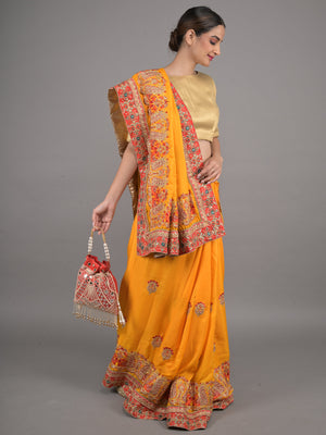 Rajwada Yellow and Red Peacock Embroidered Silk Blend Saree with Unstitched Blouse for Women