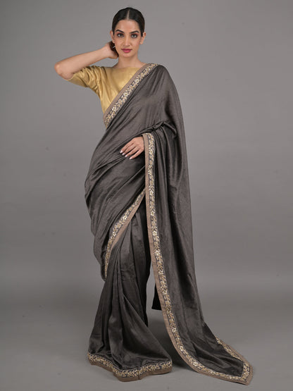 Rajwada Dark Grey Silk Blend Embroidered Saree With Unstitched Blouse For Women