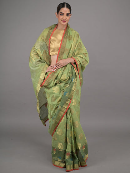 Rajwada Light Green Woven Cotton Blend Saree with Unstitched Blouse for Women