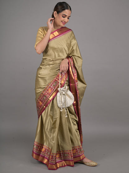 Rajwada Olive Green Silk Blend Woven Saree With Unstitched Blouse For Women