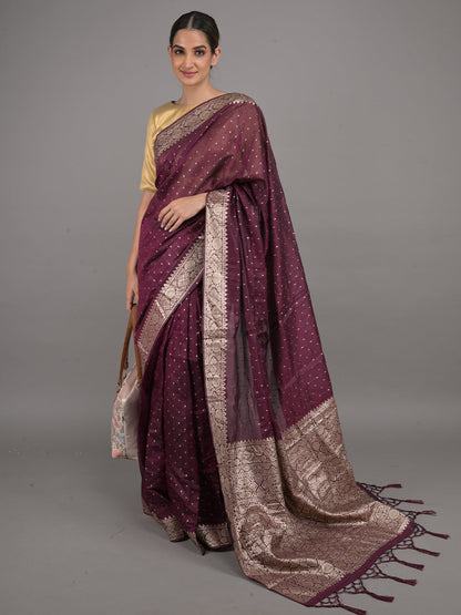 Rajwada Deep Purple Silk Blend Woven Saree With Unstitched Blouse For Women