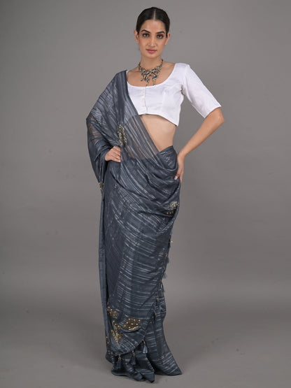 Rajwada Grey Georgette Woven Saree With Unstitched Blouse For Women