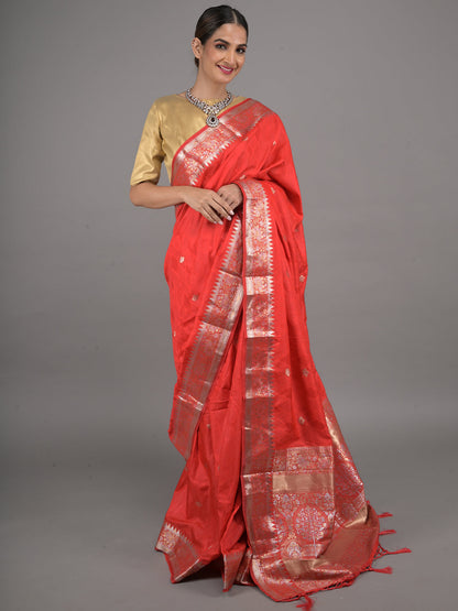 Rajwada Red Silk Blend Woven Saree With Unstitched Blouse For Women