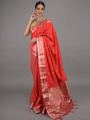 Rajwada Red Silk Blend Woven Saree With Unstitched Blouse For Women
