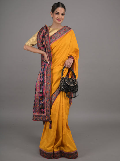 Rajwada Mustard Embroidered Crepe Silk Saree with Unstitched Blouse for Women