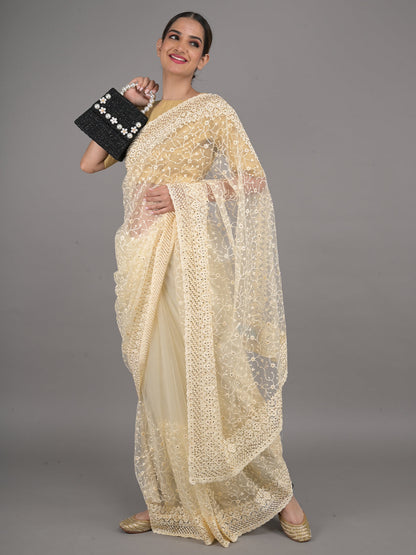 Rajwada Cream Embroidered Net Saree with Unstitched Blouse for Women