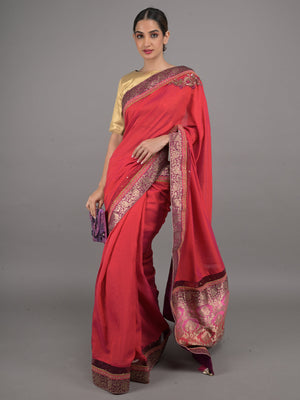 Rajwada Red Shaded Chinon Silk Blend Woven Saree With Unstitched Blouse For Women