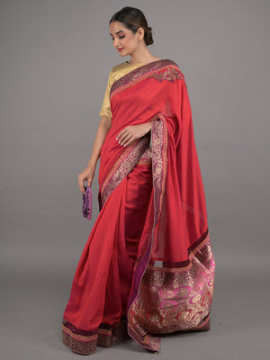 Rajwada Red Shaded Chinon Silk Blend Woven Saree With Unstitched Blouse For Women