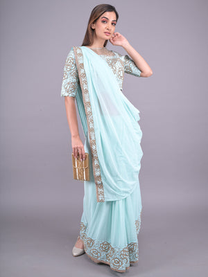 Rajwada Light Blue Embroidered Ready-To-Wear Saree With Stitched Blouse For Women