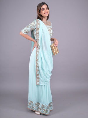 Rajwada Light Blue Embroidered Ready-To-Wear Saree With Stitched Blouse For Women