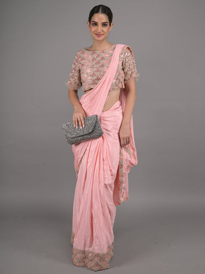 Rajwada Peach Ready to Wear Embroidered Chinnon Saree with Stitched Blouse for Women