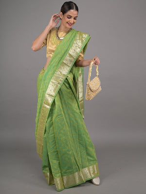 Rajwada Green Cotton Blend Woven Saree with Unstitched Blouse for Women