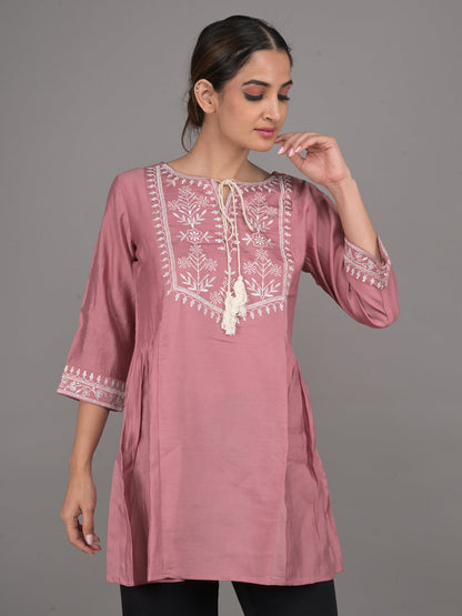 Rajwada Peach Embroidered Cotton Kurti for Women
