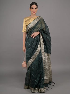 Rajwada Dark Green Silk Blend Woven Saree With Unstitched Blouse For Women