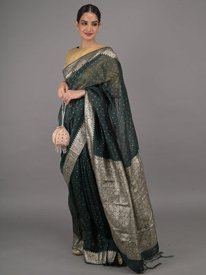 Rajwada Dark Green Silk Blend Woven Saree With Unstitched Blouse For Women