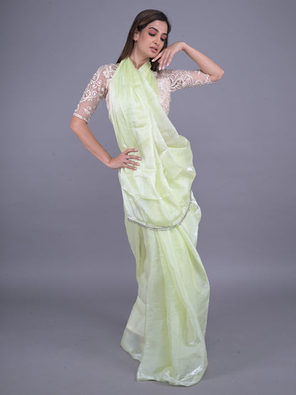 Rajwada Lime Green Silk Blend Woven Saree With Unstitched Blouse For Women