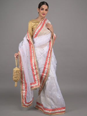 Rajwada White and Red Embroidered Organza Saree for Women