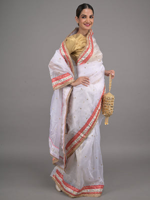 Rajwada White and Red Embroidered Organza Saree for Women