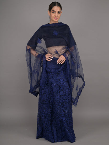 Rajwada Navy Blue Net Semi Stitched Lehenga With Unstitched Blouse For Women