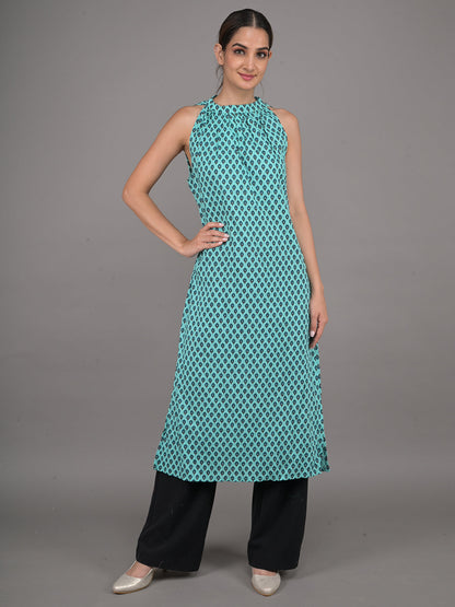 Rajwada Sea Blue Cotton Printed Stitched Kurta For Women