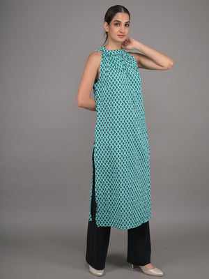 Rajwada Sea Blue Cotton Printed Stitched Kurta For Women