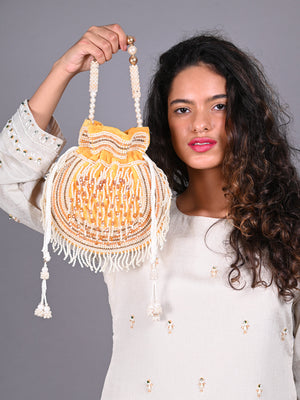 Rajwada Yellow Embroidered Potli Bag For Women