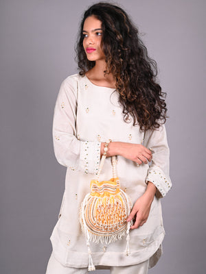 Rajwada Yellow Embroidered Potli Bag For Women