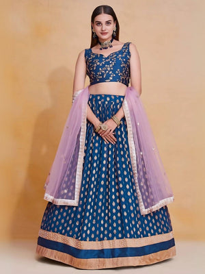 Rajwada Blue Silk Blend Embroidered Semi-Stitched Lehenga For Women