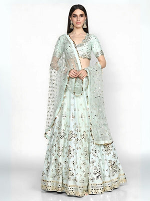 Rajwada Light Sky Blue Art Silk Embroidered Semi-Stitched Lehenga For Women