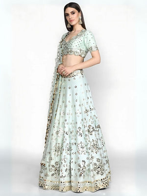 Rajwada Light Sky Blue Art Silk Embroidered Semi-Stitched Lehenga For Women