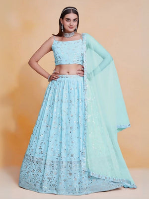 Rajwada Sky Blue Georgette Embroidered Semi-Stitched Lehenga For Women