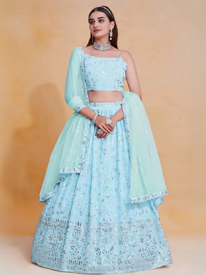 Rajwada Sky Blue Georgette Embroidered Semi-Stitched Lehenga For Women