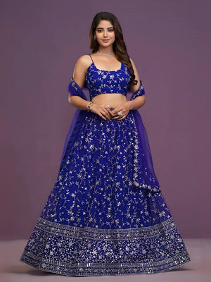 Rajwada Blue Georgette Embroidered Semi-Stitched Lehenga For Women