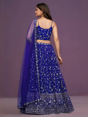 Rajwada Blue Georgette Embroidered Semi-Stitched Lehenga For Women