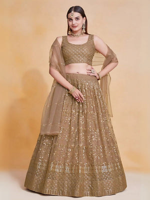 Rajwada Brown Net Embroidered Semi-Stitched Lehenga For Women